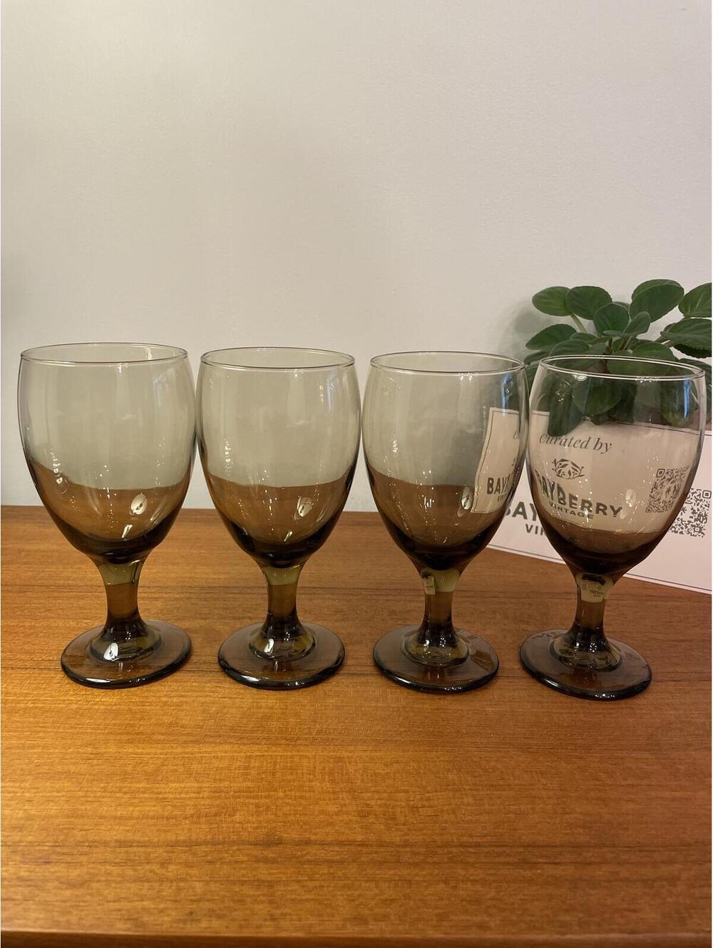 Libbey Classic Tawny Brown Wine Glasses Set 4 Goblets 7” Vintage 1970s